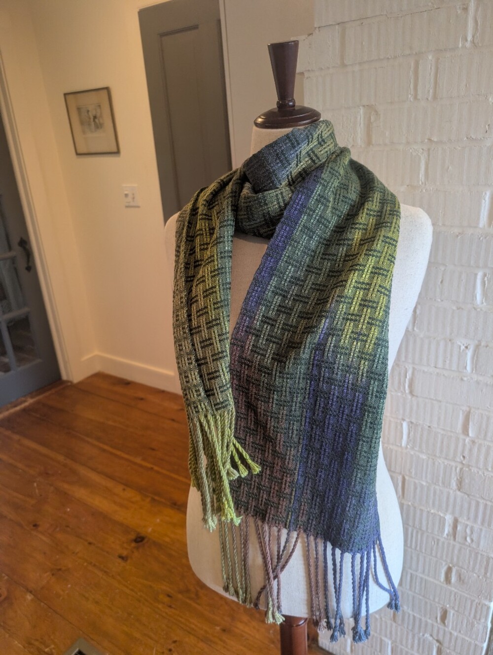 Woven Silk Blend Scarf In Greens, Blues And Purples